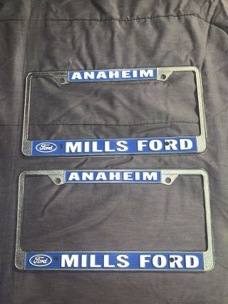 2 - Vintage Mills Ford Socal California Dealership Metal License Plate Frames