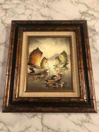 Vintage Oil Painting Asian Junks Boats Ships In Harbor Signed Chan Circa 1980
