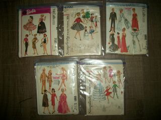 5 Vintage Sewing Patterns 11 1/2 " Doll Clothes Barbie More