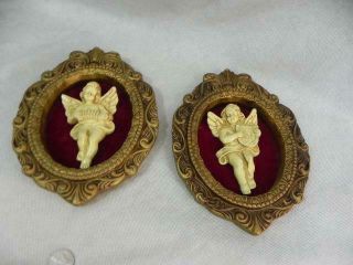 2 Vintage Gold Oval Cherub Angel Wall Plaques Musicians Harp Squeezebox