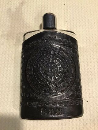 Vintage 1960s Hand Tooled Black Leather Glass Bottle Flask Aztec Stitched Mexico