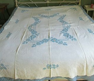 Vintage Hand Crocheted Linen Tablecloth/coverlet Turquoise Floral 70 " X 82 "