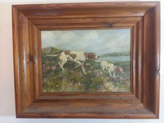 2 English Pointer Dogs Antique Oil Painting Outdoor Scene 1900 