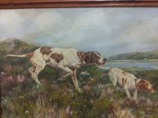 2 ENGLISH POINTER DOGS ANTIQUE OIL PAINTING OUTDOOR SCENE 1900 ' s 9x13 canvas 2