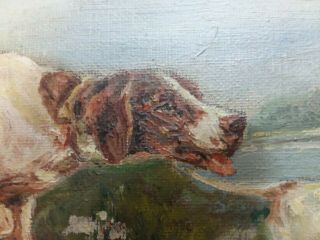 2 ENGLISH POINTER DOGS ANTIQUE OIL PAINTING OUTDOOR SCENE 1900 ' s 9x13 canvas 3