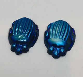 2 Antique Blue Iridescent Glass Scarab For Pin Or Pendant Attributed To Tiffany