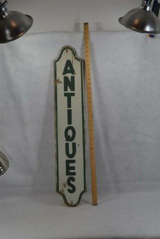 Antique Wood Hand Painted Sign " Antiques " Green / Gray White 35 X 6.  5