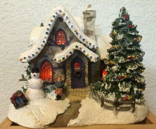 Vtg Holiday Village Christmas Cottage,  Snowman,  Sled,  Tree (6 ") Battery Lit