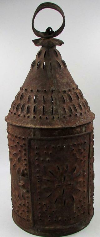 Primitive Antique Pierced Tin Candle Lantern 19th Century American Folk Art