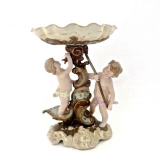 Antique German Dresden Figural Porcelain Pedestal Centerpiece W Cherubic Figures