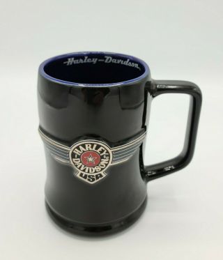 Vintage 2000 Harley Davidson Fatboy Coffee Mug Midnight Blue Aviator Wings Usa