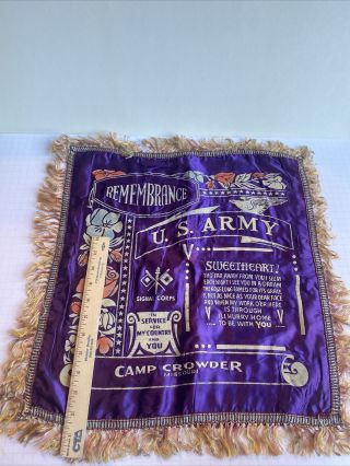 Vintage 1940s Ww2 Us Army Satin Fringed Pillow Case Camp Crowder Mo Remembrance
