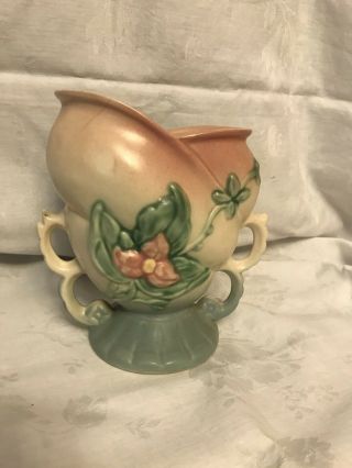 Vintage Double Handle Hull Art Pottery Vase 6 1/2 Inches Tall Pink Blue Cream