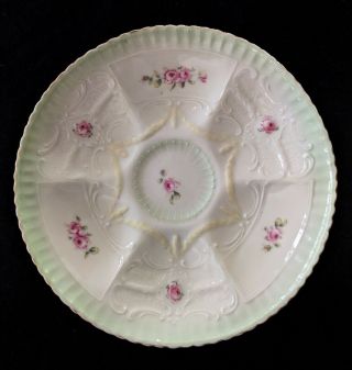 Antique Weimar German Porcelain Oyster Plate C.  1905 Embossed W Pink Roses 6 Well