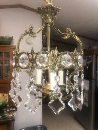 Antique Vintage Petite French Brass Chandelier Small Crystal Pendalouge Prisms