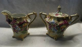 Vintage Hand Painted Sugar And Creamer Hand Painted Floral Design With Gold Edge