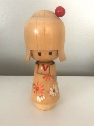 Japanese Kokeshi Bobblehead Doll Handpainted Wood Vintage Mid Century 6.  5”