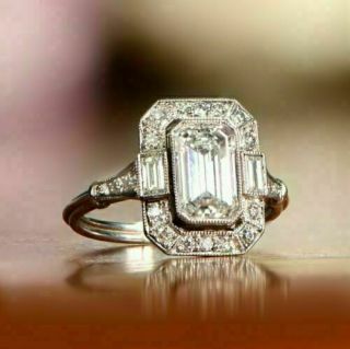 Art Deco Antique 2.  00 Ct Emerald Diamond Engagement Ring 14k White Gold Finish