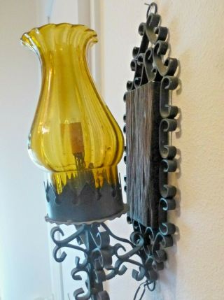 Wrought Iron Gothic Spanish Revival Wall Sconce Lamp Amber Seeded Glass Vintage