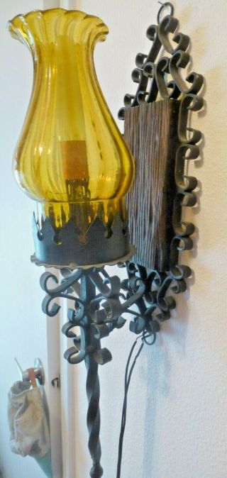 Wrought Iron Gothic Spanish Revival WALL SCONCE LAMP Amber Seeded Glass Vintage 2