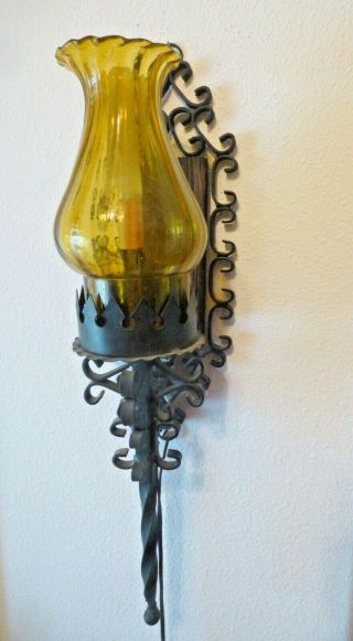 Wrought Iron Gothic Spanish Revival WALL SCONCE LAMP Amber Seeded Glass Vintage 3