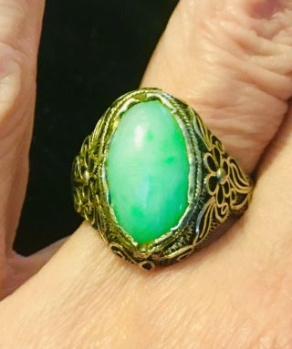 Vintage Antique Fancy Chinese Oval Jade Stone Sterling Silver Adjustable Ring