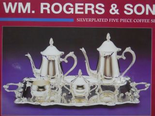 5 - Pc Wm.  Rogers Silverplated Coffee & Tea Set W/etched Tray,  Cream & Sugar