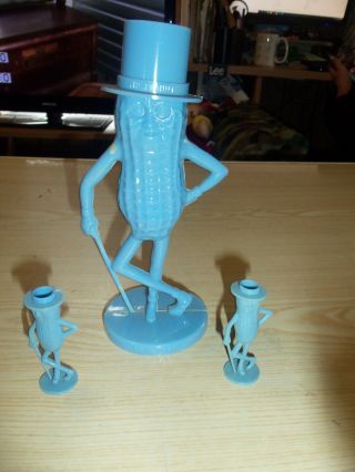 Vintage 8.  5 " Tall Planters Mr.  Peanut Blue Coin Bank & 2 Toothpick Holders