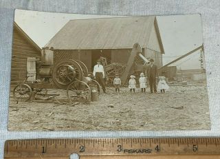 Antique Threshing Machine Steam Engine Farm Tractor Barn B&w Photo Postcard Rppc