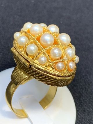Vintage Avon Perfume Scent Adjustable Poison Ring Gold Pearl Accented Size 8 - 9