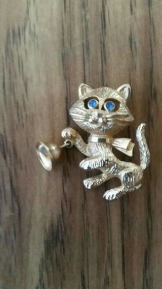 Vintage Avon Cat Pin With Bell,  Gold Tone With Blue Crystal Eyes