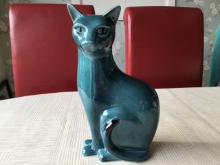 Large Vintage Poole Pottery Blue Glazed Seated Cat Figure 11 - 1/2 " (29cm) High