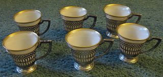 Six Antique Lenox & Sterling Silver Demitasse Cups With Holders