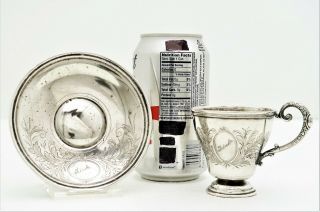German Sterling Silver Tea Cup & Saucer Bright - Cut W Marked Design Frinke C1890