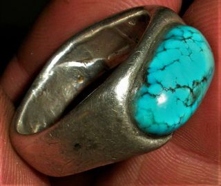 ANTIQUE NAVAJO c.  1920 INGOT COIN SILVER & QUALITY TURQUOISE RING vafo 2