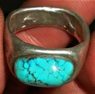 ANTIQUE NAVAJO c.  1920 INGOT COIN SILVER & QUALITY TURQUOISE RING vafo 3