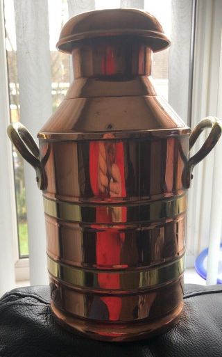 Antique Brass & Copper Milk Churn With Lid,  9 " Tall,  Base 4.  1/2 " Diameter.