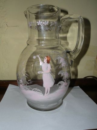 Antique Mary Gregory Glass Water Pitcher 10 " T Unusual Shape