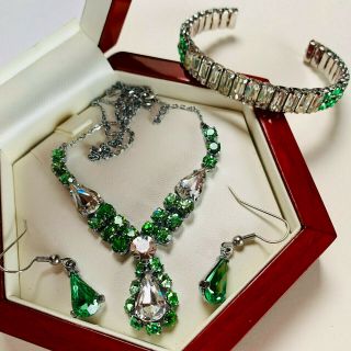 Vintage Sparkling Green/clear Rhinestone Silver Plated Necklace/earrings/bangle
