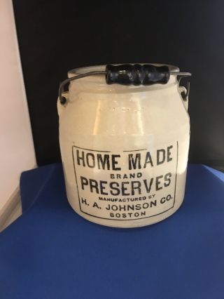 Vintage White Stoneware Jar With Lid Handle H.  A.  Johnson Preserves Boston