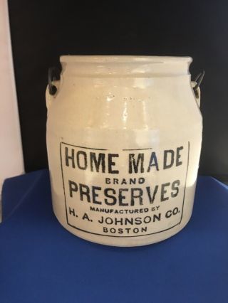 Vintage White Stoneware Jar with Lid Handle H.  A.  Johnson Preserves Boston 2
