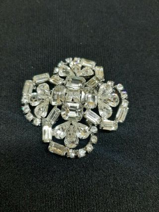 Vintage Kramer Of York Rhinestone Flower Brooch Pin Silver Tone