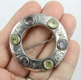 Large Antique Victorian C1890 Silver Scottish Agate Citrine Amethyst Brooch Pin