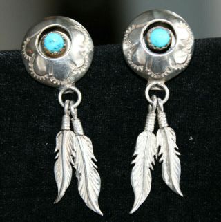 Vtg Navajo Signed Rb Sterling Silver Turquoise Dangle Feather Earrings