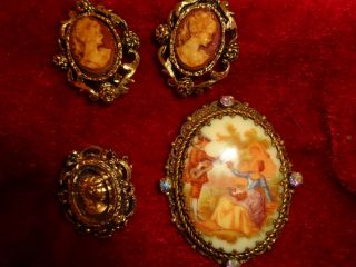 3 Piece Vintage Victorian Style Cameo Reverse Cut Glass Brooch Fancy Earrings