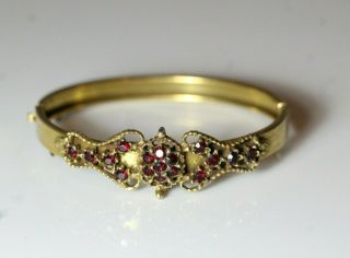 Antique 19thc Victorian Gold Filled Bohemian Garnet Hinged Bangle Bracelet