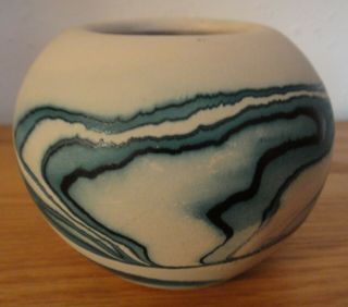 Vintage Nemadji Pottery == Hand Made Vase With Blue Green Swirls