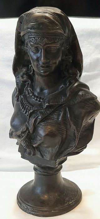 Antique 1889 After L.  Buese.  Cast Bronze Bust Of Gypsy Girl On Socle Base 33cms