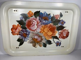 Vintage Metal Tv Lap Tray W/ Folding Legs Floral Flowers Bed Food Tray