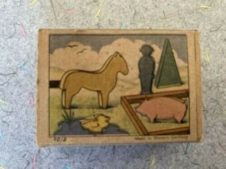 Vintage Wooden Toy Farm Set West Germany In Matchbox Includes Horse,  Duck,  Pig